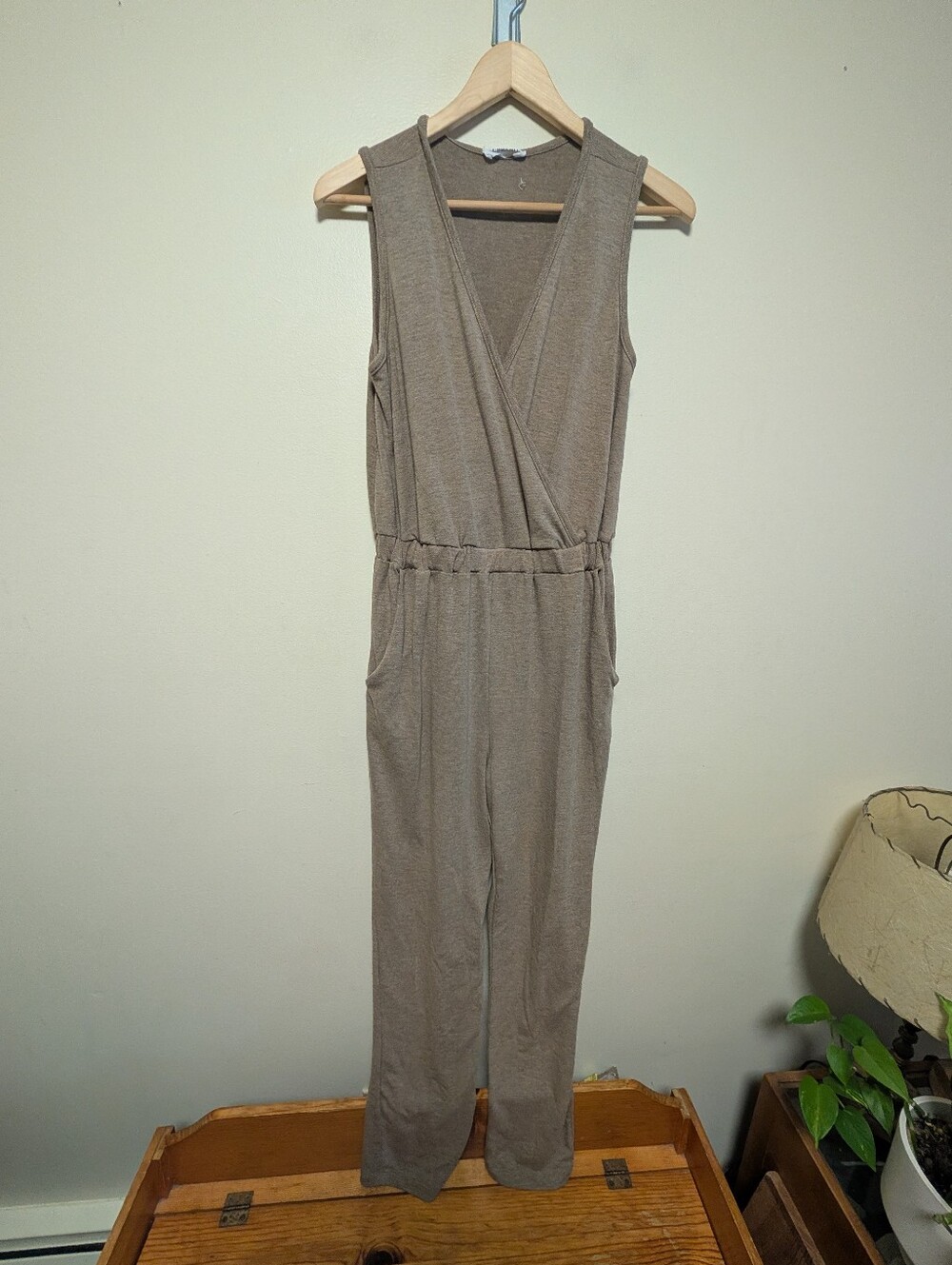 CBRAND Taupe Sleeveless Surplice Wide Leg Jumpsuit Size Large
